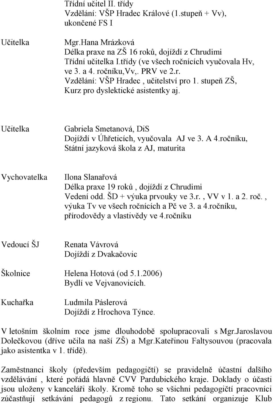 Učitelka Gabriela Smetanová, DiS Dojíţdí v Úhřeticích, vyučovala AJ ve 3. A 4.