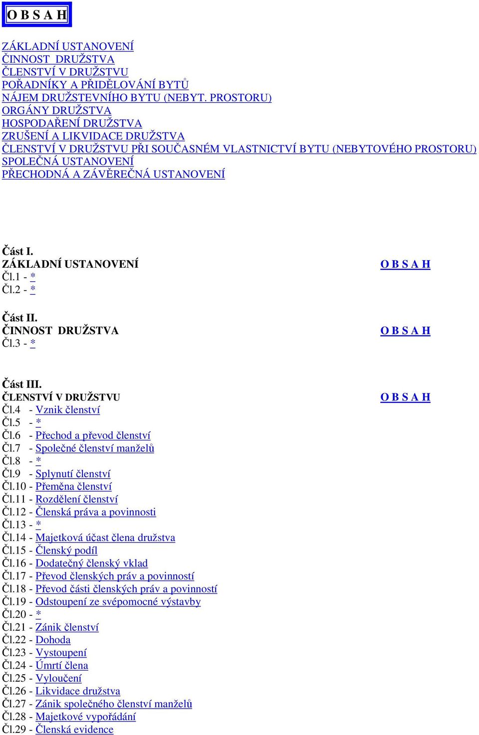 USTANOVENÍ Část I. ZÁKLADNÍ USTANOVENÍ Čl.1 - * Čl.2 - * Část II. ČINNOST DRUŽSTVA Čl.3 - * Část III. ČLENSTVÍ V DRUŽSTVU Čl.4 - Vznik členství Čl.5 - * Čl.6 - Přechod a převod členství Čl.
