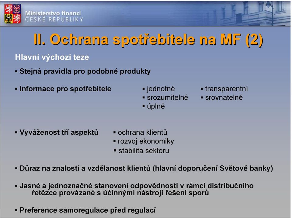 ekonomiky stabilita sektoru Důraz na znalosti a vzdělanost klientů (hlavní doporučení Světové banky) Jasné a
