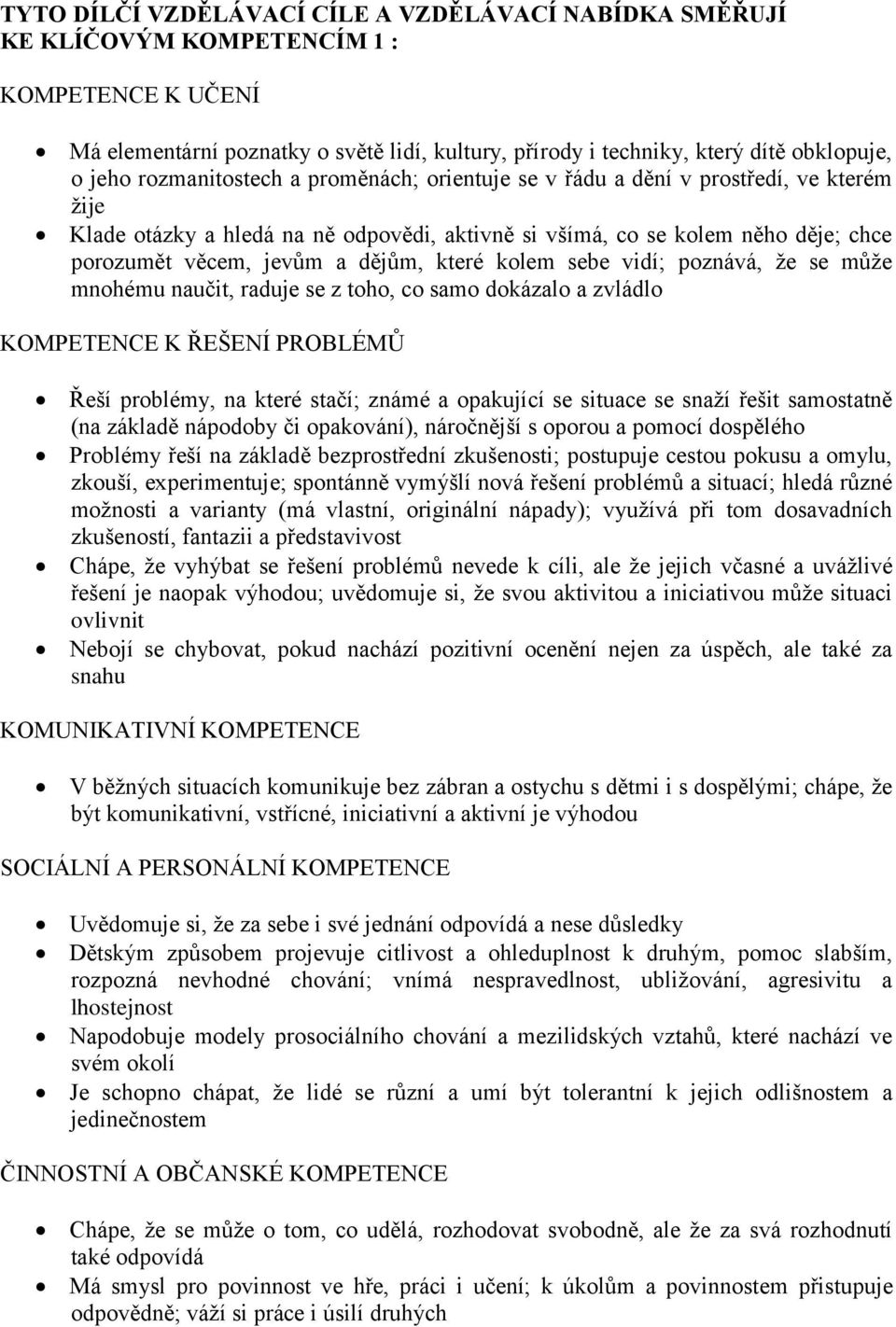 které kolem sebe vidí; poznává, že se může mnohému naučit, raduje se z toho, co samo dokázalo a zvládlo KOMPETENCE K ŘEŠENÍ PROBLÉMŮ Řeší problémy, na které stačí; známé a opakující se situace se