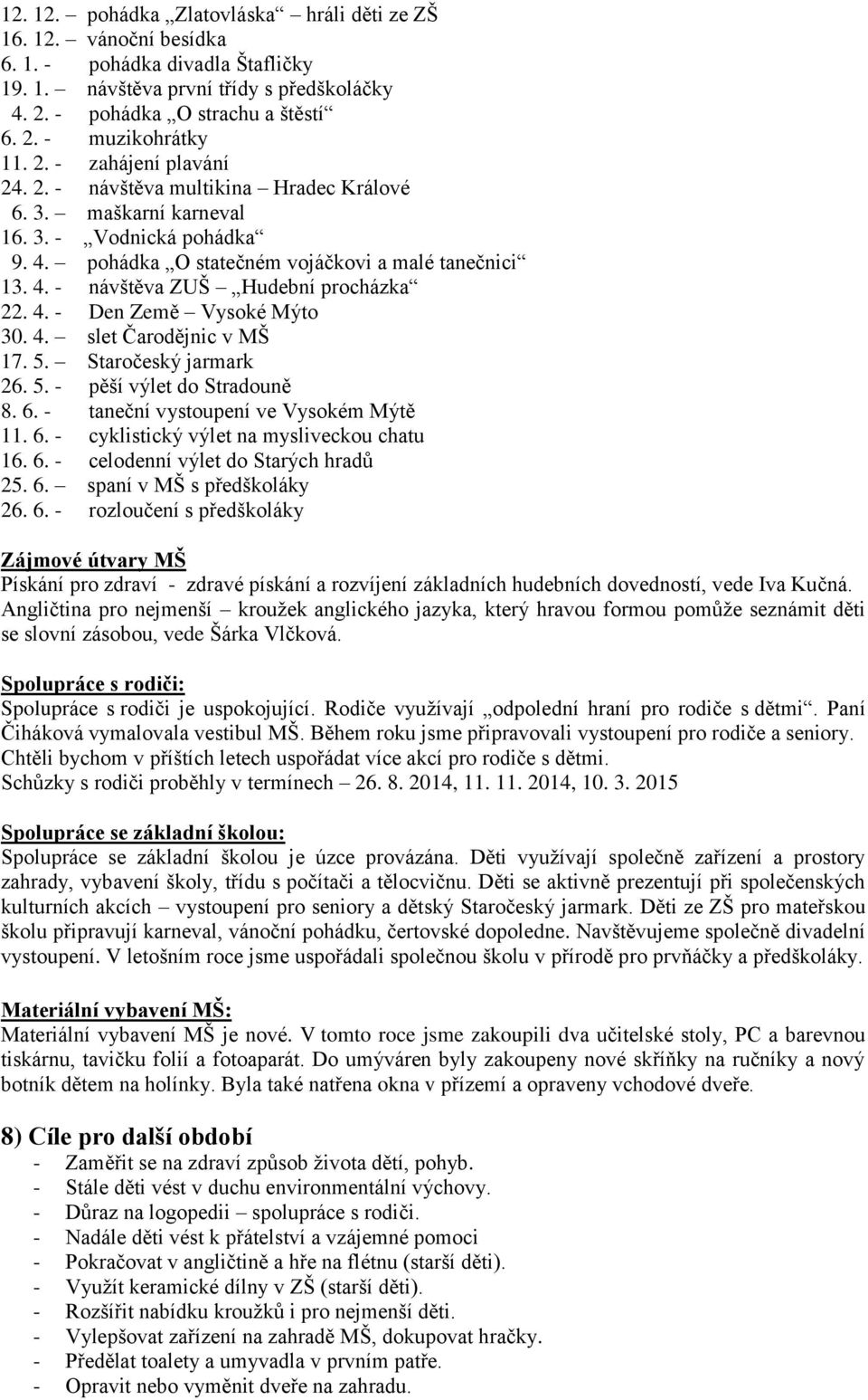4. - Den Země Vysoké Mýto 30. 4. slet Čarodějnic v MŠ 17. 5. Staročeský jarmark 26. 5. - pěší výlet do Stradouně 8. 6. - taneční vystoupení ve Vysokém Mýtě 11. 6. - cyklistický výlet na mysliveckou chatu 16.