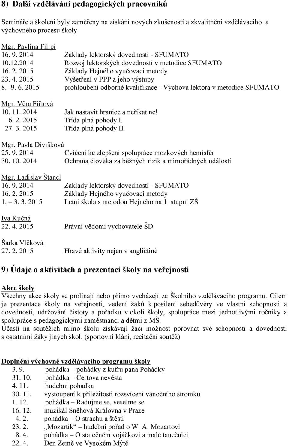 6. 2015 prohloubení odborné kvalifikace - Výchova lektora v metodice SFUMATO Mgr. Věra Fiřtová 10. 11. 2014 Jak nastavit hranice a neříkat ne! 6. 2. 2015 Třída plná pohody I. 27. 3.