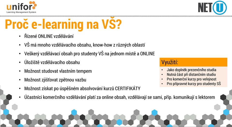 a ONLINE Úložiště vzdělávacího obsahu Možnost studovat vlastním tempem Možnost zjišťovat zpětnou vazbu Možnost získat po úspěšném absolvování