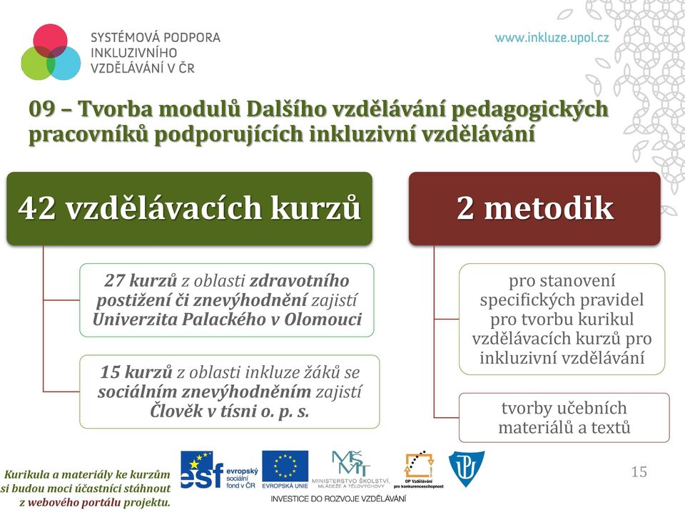 27 kurzů z oblasti zdravotního postižení či znevýhodnění zajistí Univerzita Palackého v Olomouci 15 kurzů z oblasti inkluze žáků se