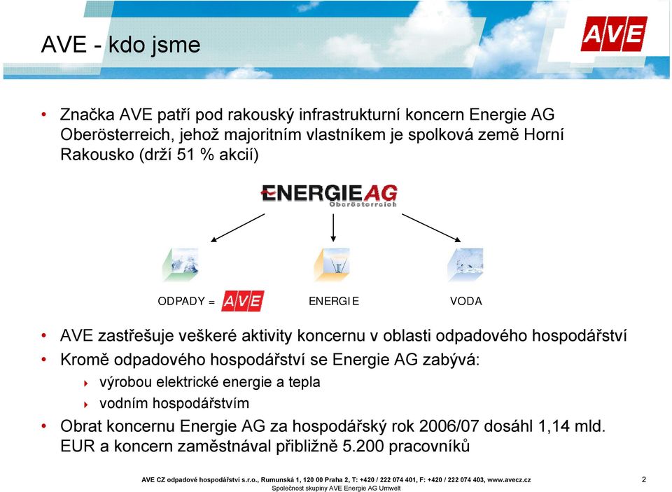 odpadového hospodářství Kromě odpadového hospodářství se Energie AG zabývá: výrobou elektrické energie a tepla vodním
