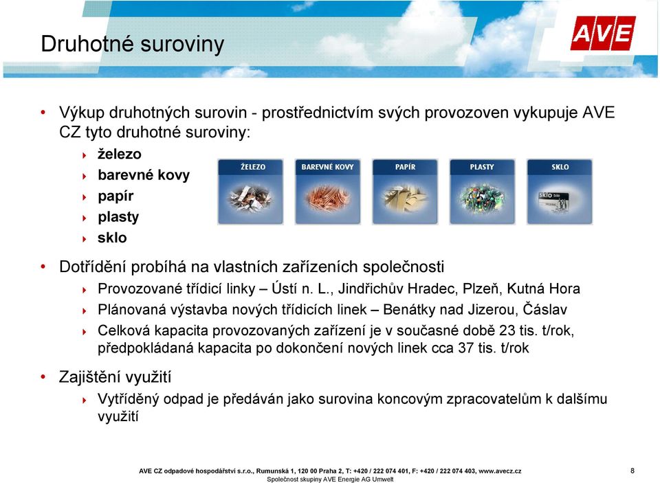 , Jindřichův Hradec, Plzeň, Kutná Hora Plánovaná výstavba nových třídicích linek Benátky nad Jizerou, Čáslav Celková kapacita provozovaných zařízení