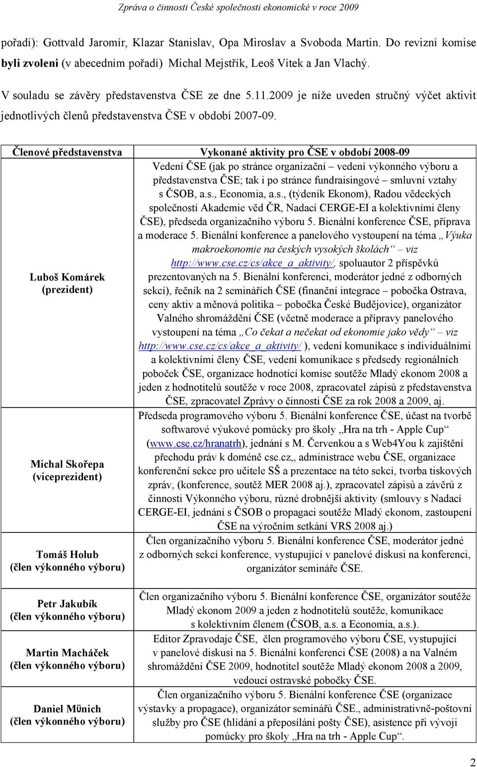 Členové představenstva Vykonané aktivity pro ČSE v období 2008-09 Vedení ČSE (jak po stránce organizační vedení výkonného výboru a představenstva ČSE; tak i po stránce fundraisingové smluvní vztahy s
