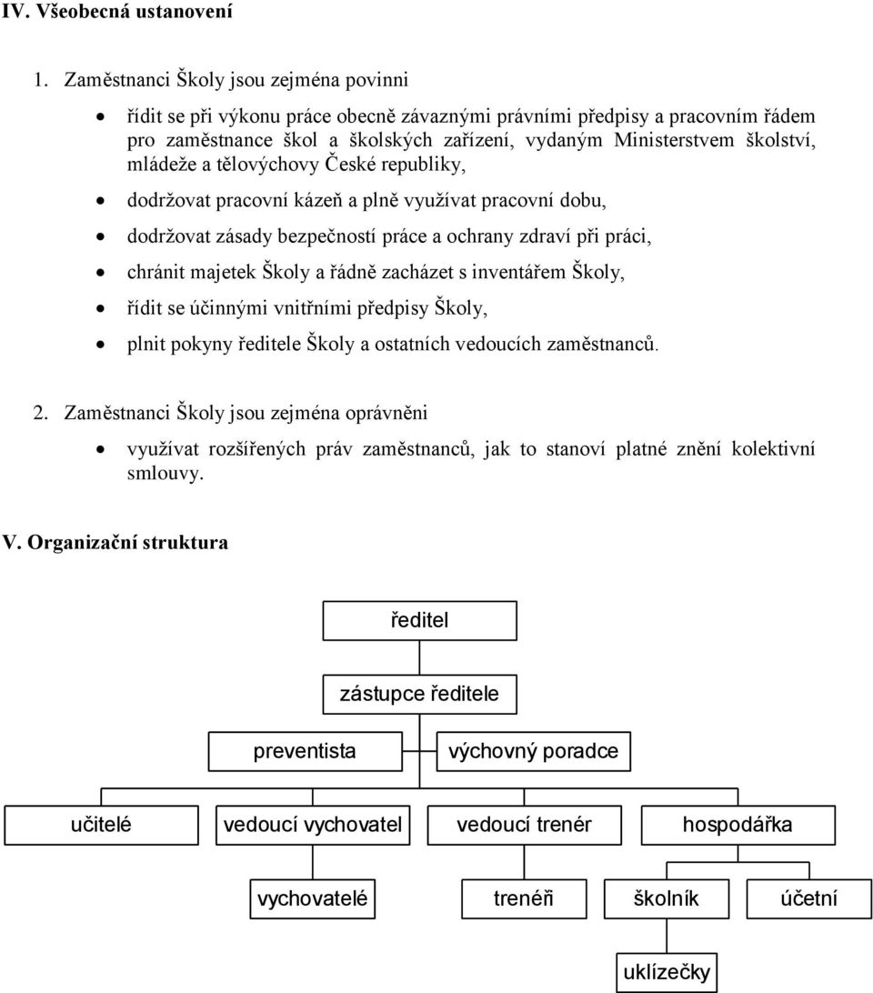 mládeže a tělovýchovy České republiky, dodržovat pracovní kázeň a plně využívat pracovní dobu, dodržovat zásady bezpečností práce a ochrany zdraví při práci, chránit majetek Školy a řádně zacházet s