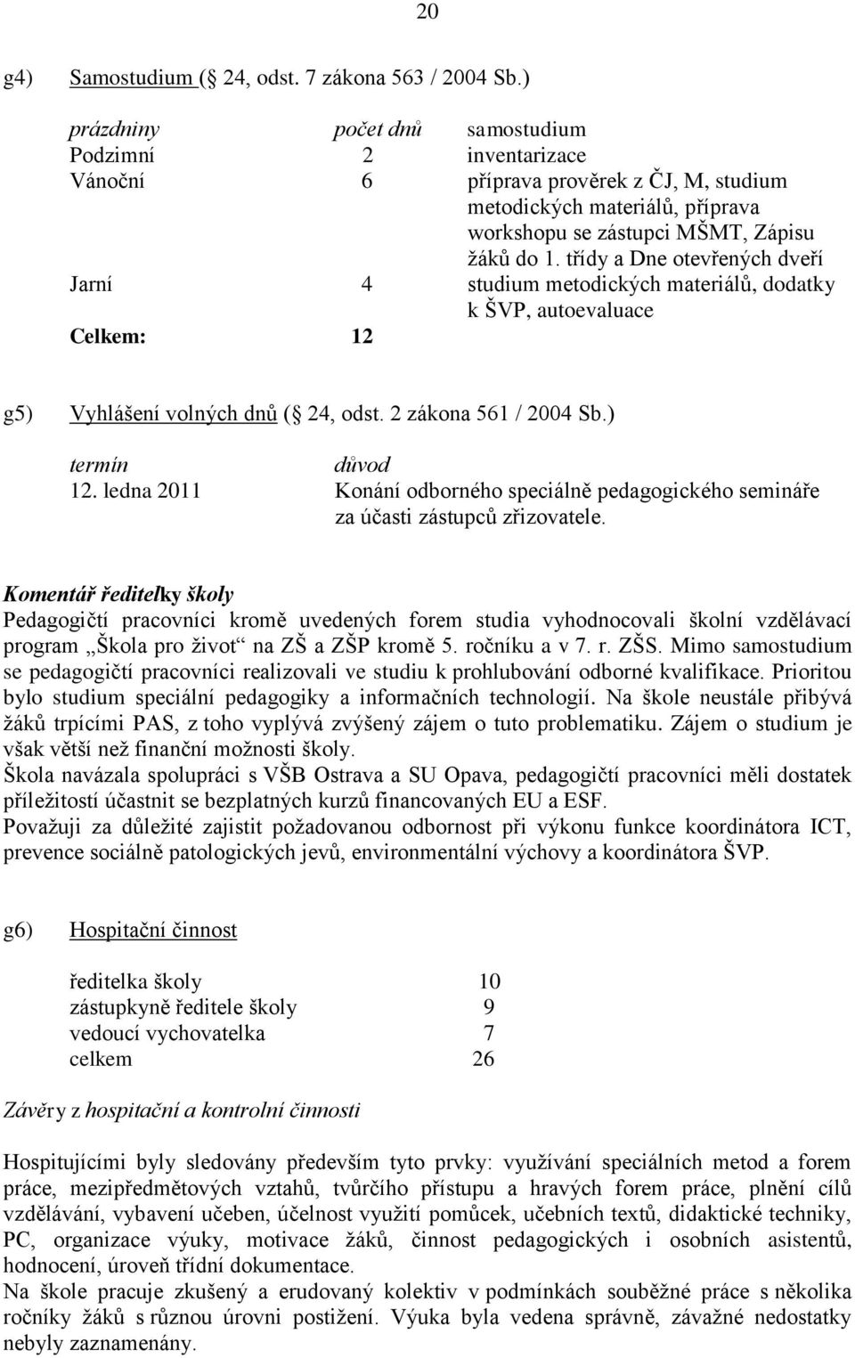 třídy a Dne otevřených dveří Jarní 4 studium metodických materiálů, dodatky k ŠVP, autoevaluace Celkem: 12 g5) Vyhlášení volných dnů ( 24, odst. 2 zákona 561 / 2004 Sb.) termín důvod 12.