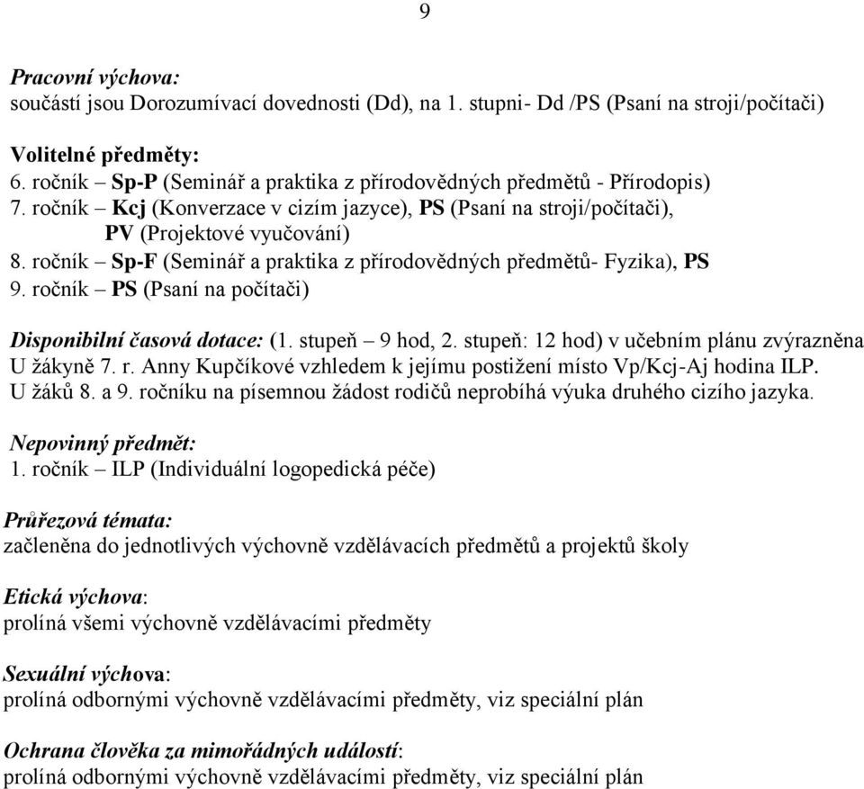 ročník Sp-F (Seminář a praktika z přírodovědných předmětů- Fyzika), PS 9. ročník PS (Psaní na počítači) Disponibilní časová dotace: (1. stupeň 9 hod, 2.