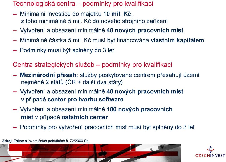 Kč musí být financována vlastním kapitálem -- Podmínky musí být splněny do 3 let Centra strategických služeb podmínky pro kvalifikaci -- Mezinárodní přesah: služby poskytované centrem přesahují