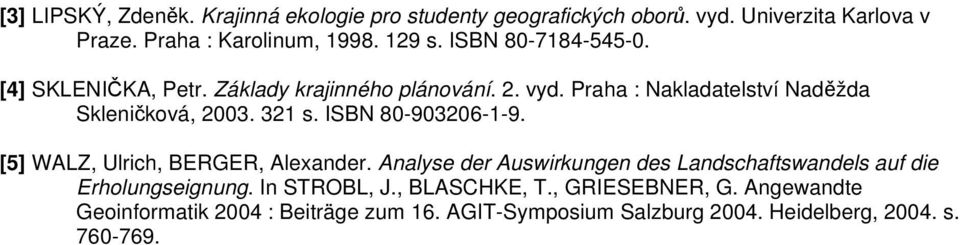 ISBN 80-903206-1-9. [5] WALZ, Ulrich, BERGER, Alexander. Analyse der Auswirkungen des Landschaftswandels auf die Erholungseignung.