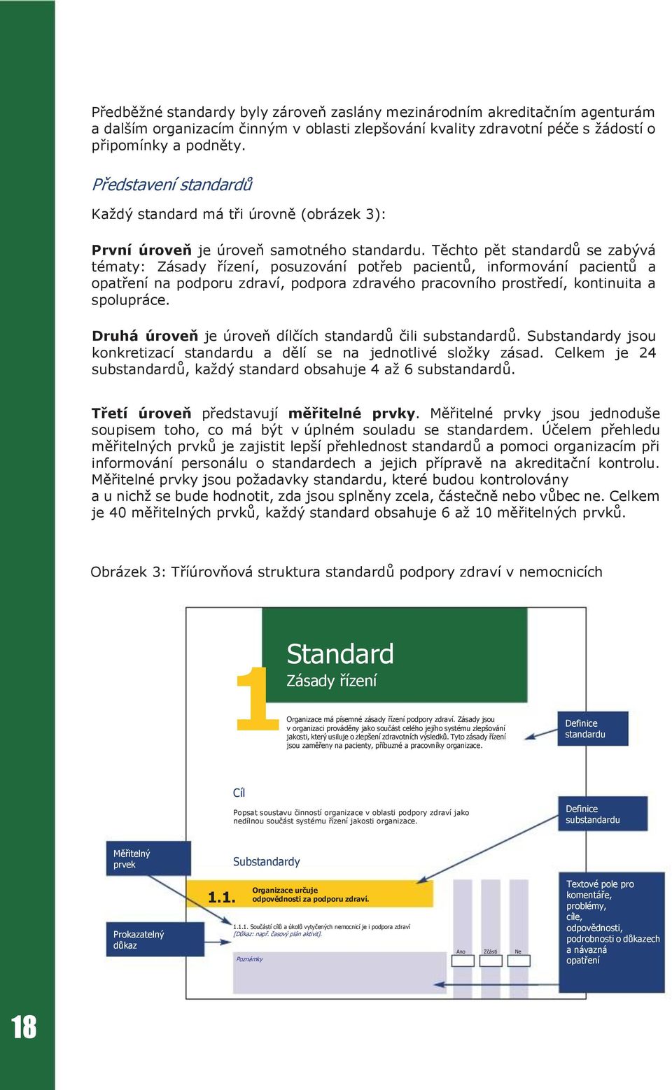 Těchto pět standardů se zabývá tématy: Zásady řízení, posuzování potřeb pacientů, informování pacientů a opatření na podporu zdraví, podpora zdravého pracovního prostředí, kontinuita a spolupráce.