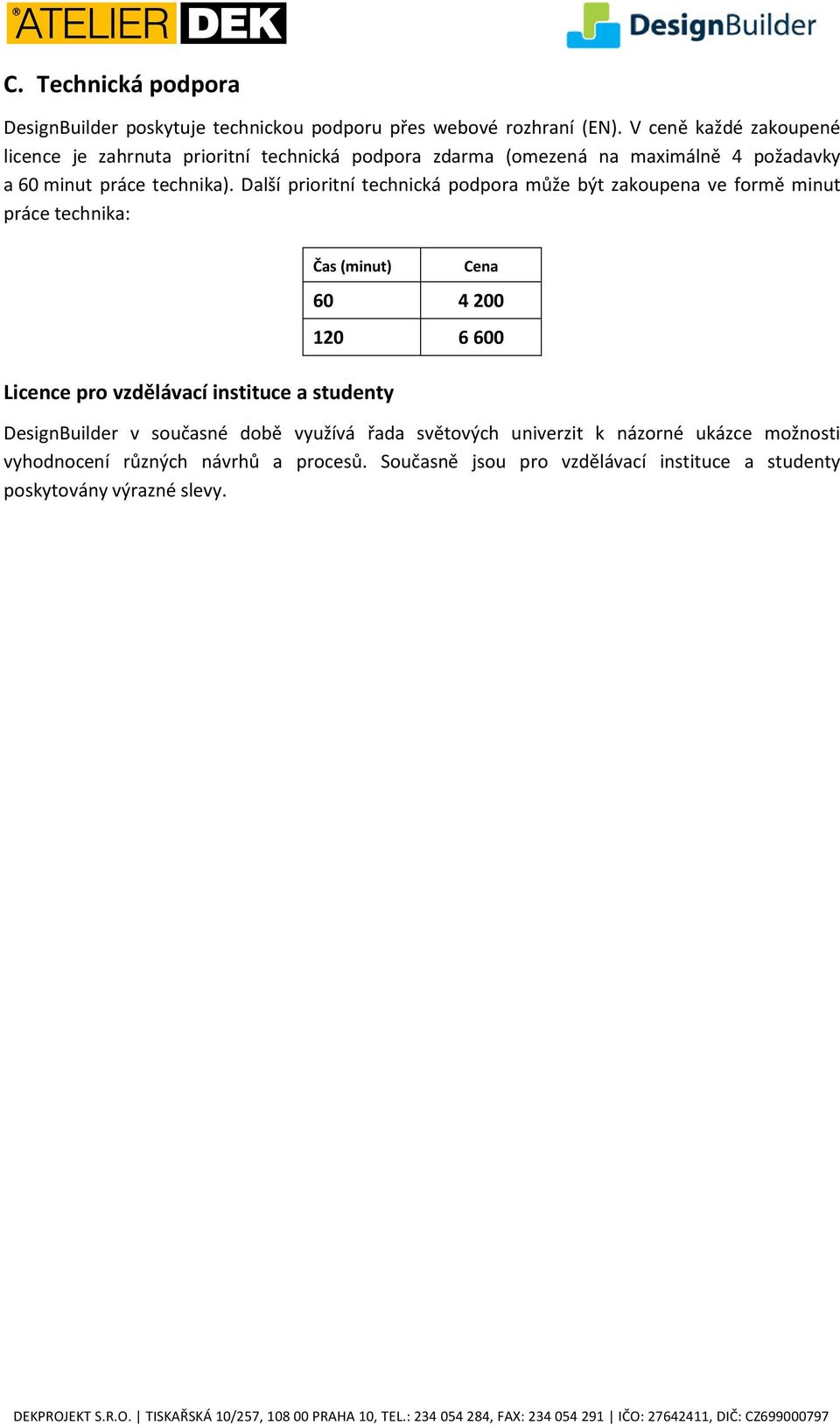 Další prioritní technická podpora může být zakoupena ve formě minut práce technika: Čas (minut) Licence pro vzdělávací instituce a studenty Cena 60 4