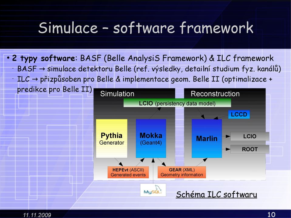 Belle II (optimalizace + predikce pro Belle II) Simulation Reconstruction LCIO (persistency data model) LCCD