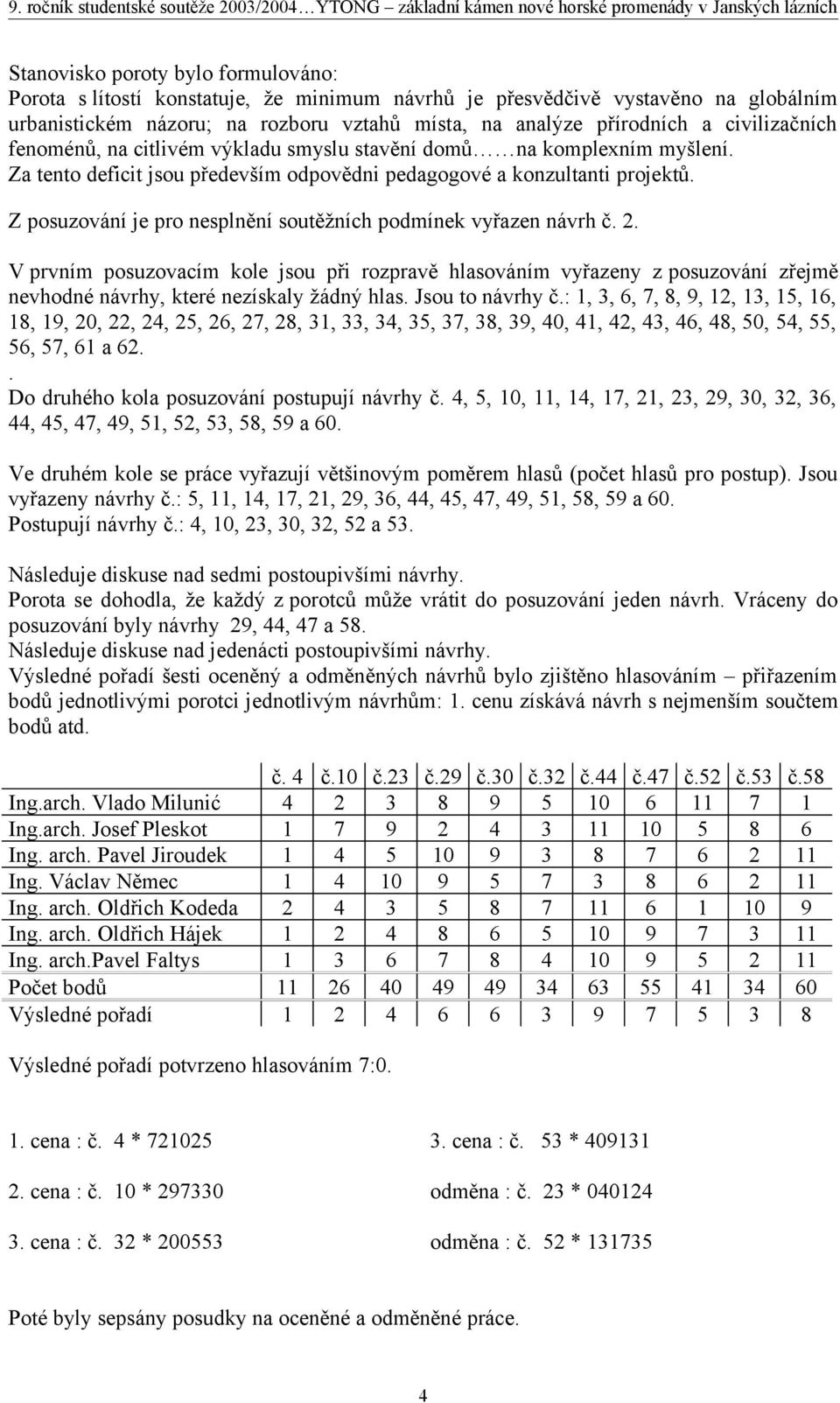 Z posuzování je pro nesplnění soutěžních podmínek vyřazen návrh č. 2. V prvním posuzovacím kole jsou při rozpravě hlasováním vyřazeny z posuzování zřejmě nevhodné návrhy, které nezískaly žádný hlas.