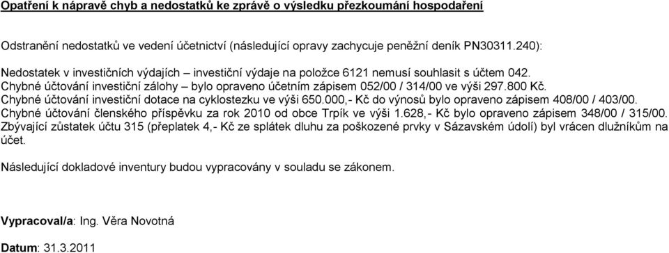 800 Kč. Chybné účtování investiční dotace na cyklostezku ve výši 650.000,- Kč do výnosů bylo opraveno zápisem 408/00 / 403/00. Chybné účtování členského příspěvku za rok 2010 od obce Trpík ve výši 1.