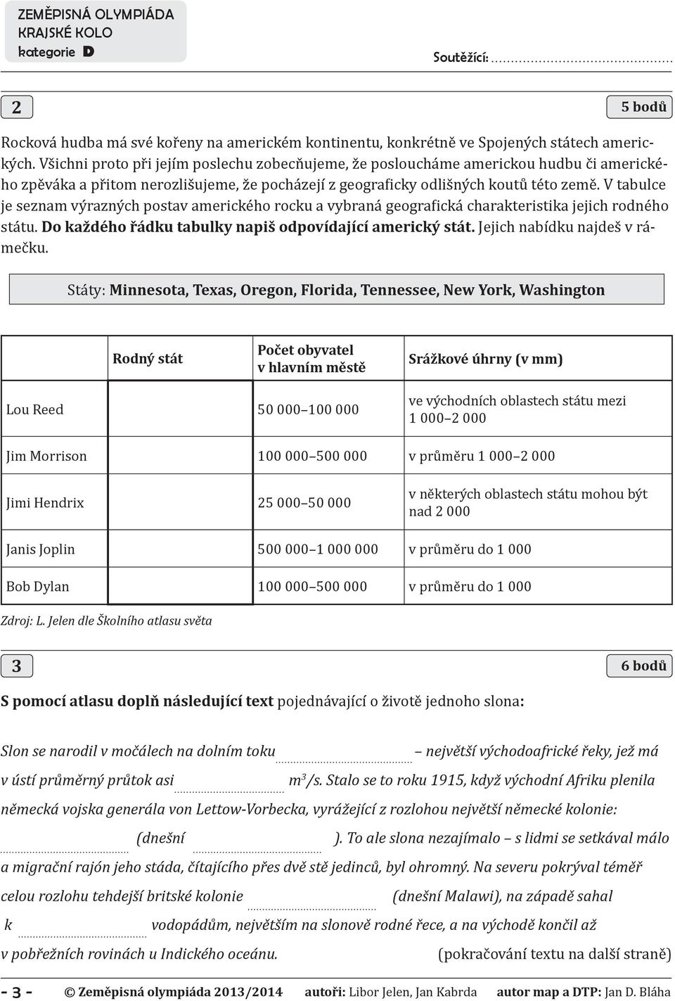 V tabulce je seznam výrazných postav amerického rocku a vybraná geografická charakteristika jejich rodného státu. Do každého řádku tabulky napiš odpovídající americký stát.