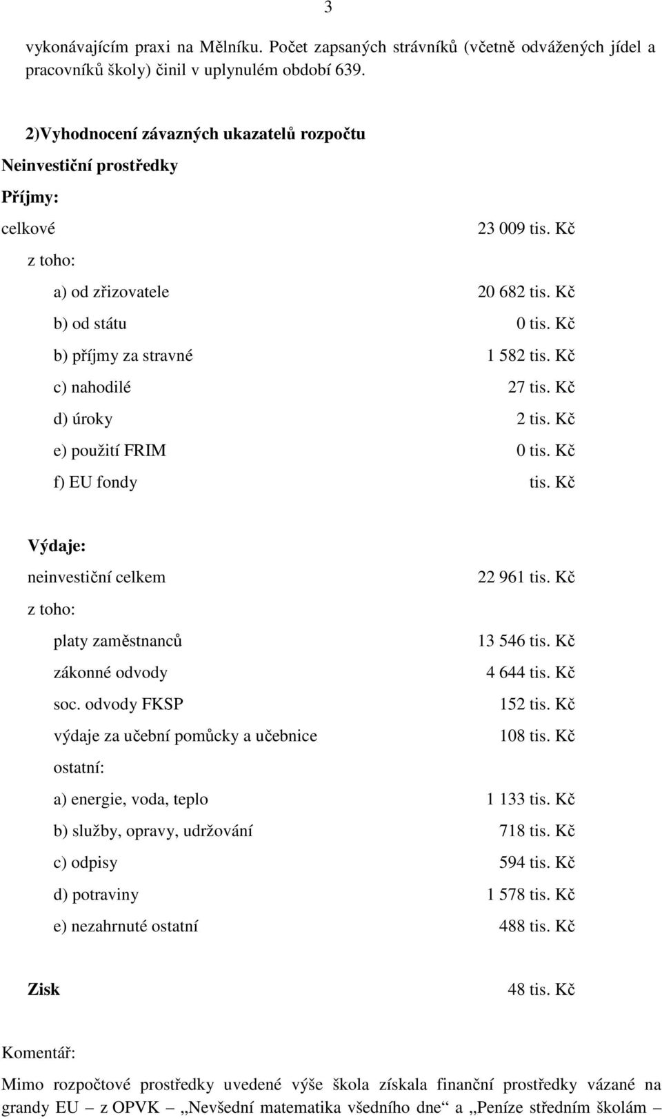 Kč c) nahodilé 27 tis. Kč d) úroky 2 tis. Kč e) použití FRIM 0 tis. Kč f) EU fondy tis. Kč Výdaje: neinvestiční celkem 22 961 tis. Kč z toho: platy zaměstnanců 13 546 tis. Kč zákonné odvody 4 644 tis.