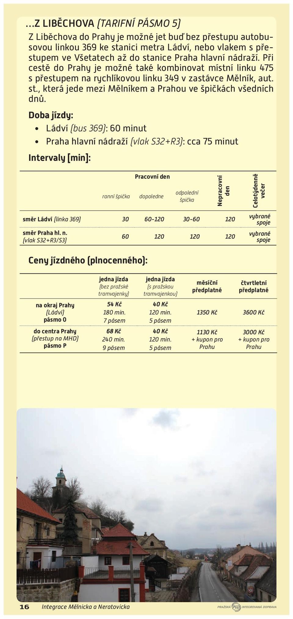 Doba jízdy: Ládví (bus 369): 60 minut Praha hlavní nádraží (vlak S32+R3): cca 75 minut Intervaly [min]: ranní špička Pracovní den dopoledne odpolední špička Nepracovní den Celotýdenně večer směr