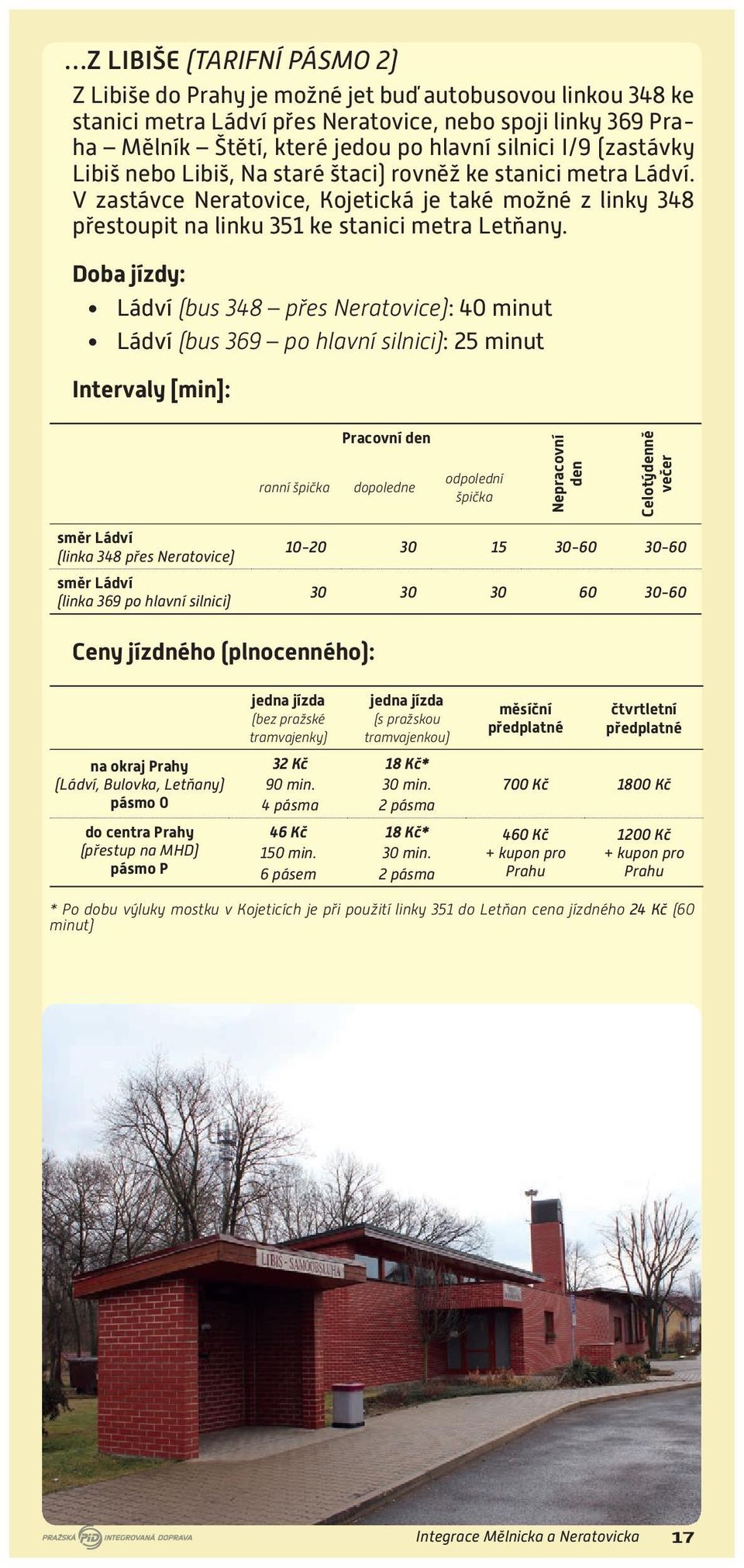 Doba jízdy: Ládví (bus 348 přes Neratovice): 40 minut Ládví (bus 369 po hlavní silnici): 25 minut Intervaly [min]: ranní špička Pracovní den dopoledne odpolední špička Nepracovní den Celotýdenně