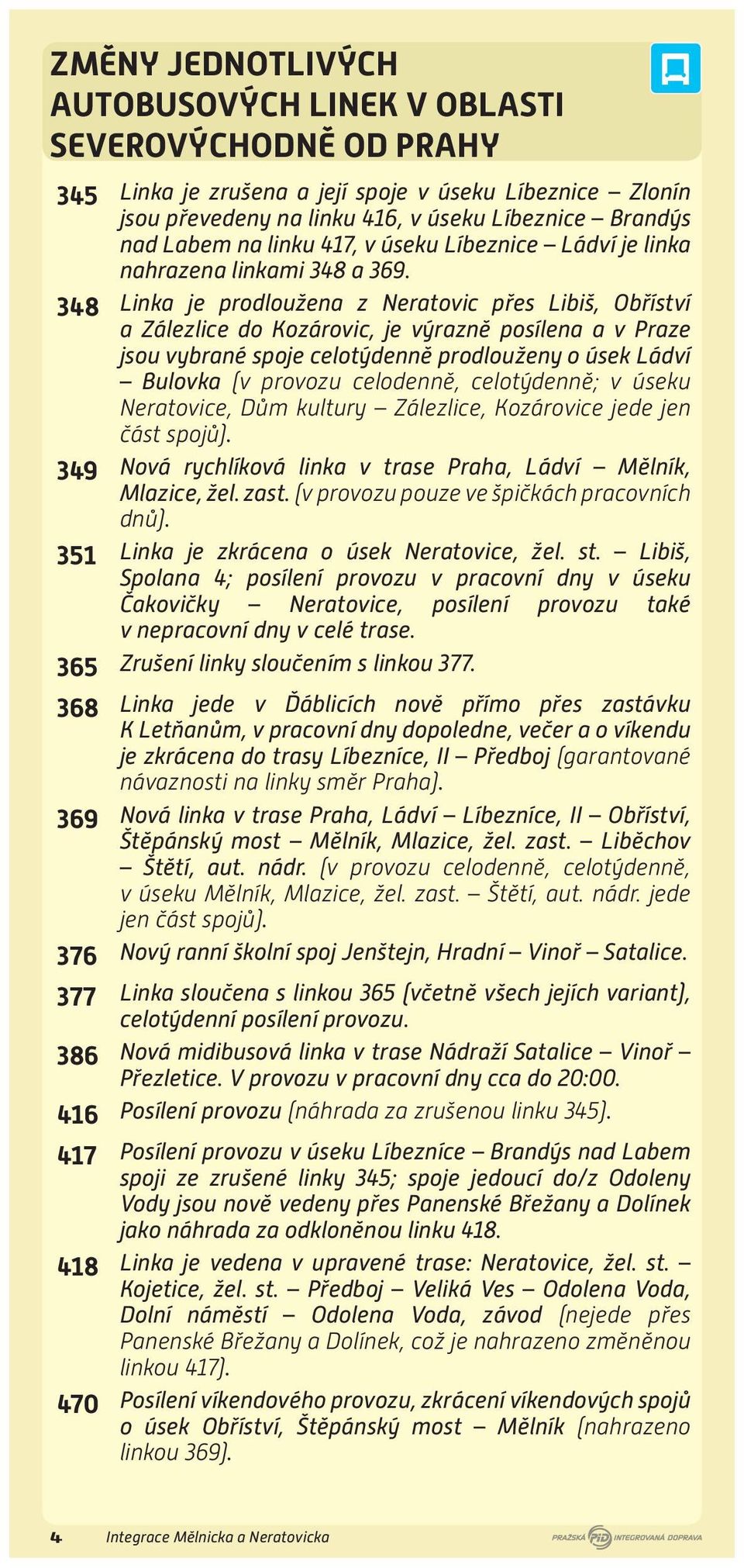 348 Linka je prodloužena z Neratovic přes Libiš, Obříství a Zálezlice do Kozárovic, je výrazně posílena a v Praze jsou vybrané spoje celotýdenně prodlouženy o úsek Ládví Bulovka (v provozu celodenně,