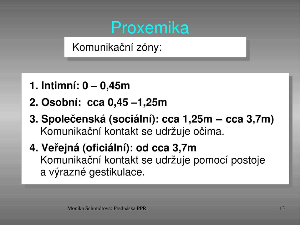 Společenská (sociální): cca 1,25m cca 3,7m) Komunikační kontakt se udržuje