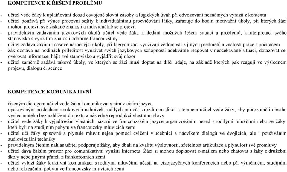 vede žáka k hledání možných řešení situací a problémů, k interpretaci svého stanoviska s využitím znalostí odborné francouzštiny - učitel zadává žákům i časově náročnější úkoly, při kterých žáci