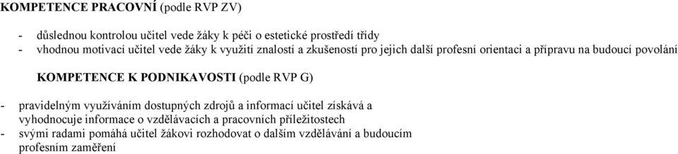 PODNIKAVOSTI (podle RVP G) - pravidelným využíváním dostupných zdrojů a informací učitel získává a vyhodnocuje informace o