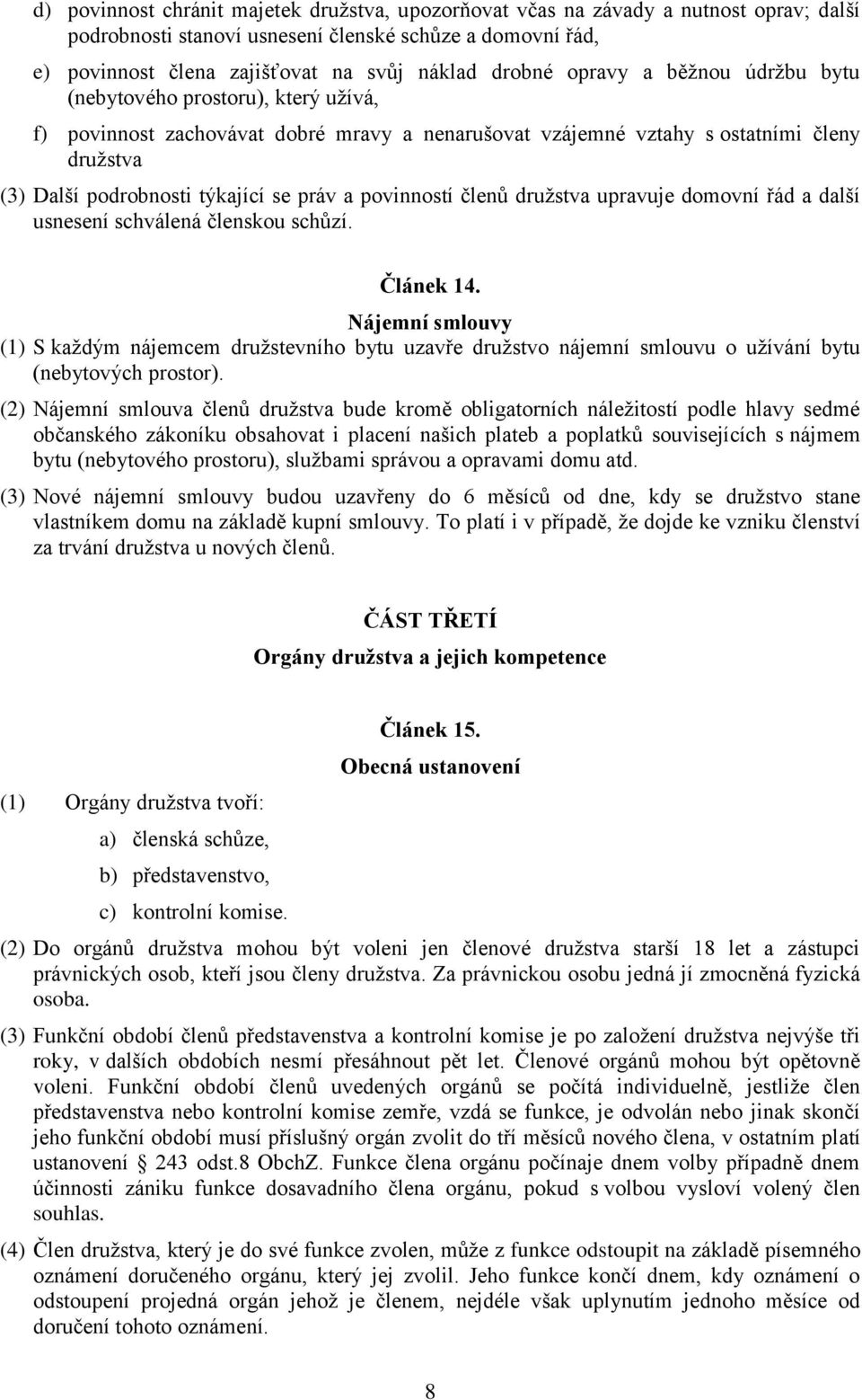 povinností členů družstva upravuje domovní řád a další usnesení schválená členskou schůzí. Článek 14.