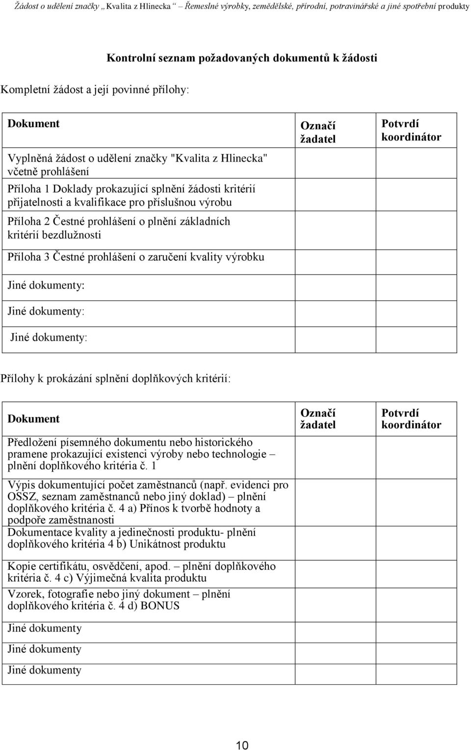 kvality výrobku Označí žadatel Potvrdí koordinátor Jiné dokumenty: Jiné dokumenty: Jiné dokumenty: Přílohy k prokázání splnění doplňkových kritérií: Dokument Předložení písemného dokumentu nebo