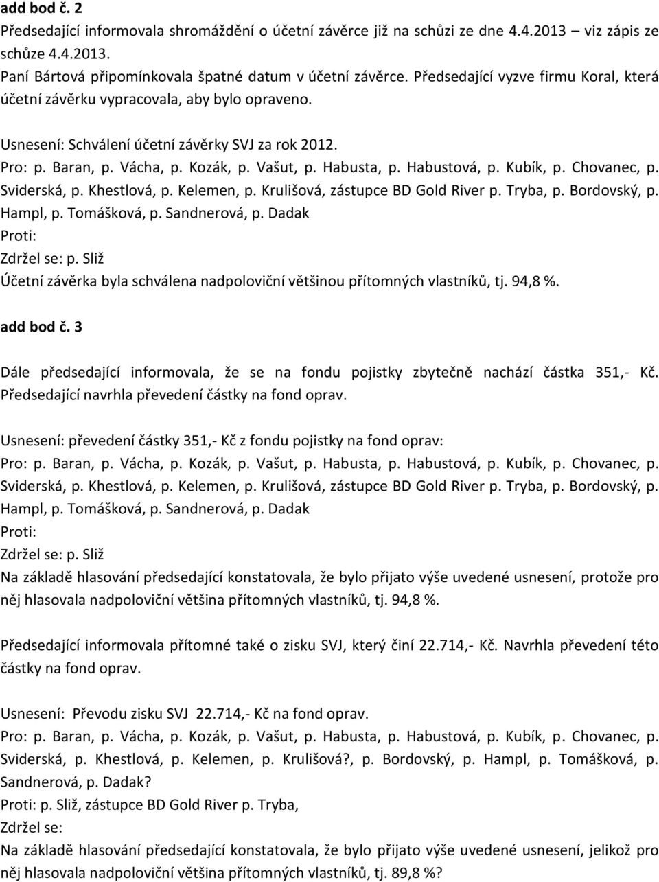 Krulišová, zástupce BD Gold River p. Tryba, p. Bordovský, p. Hampl, p. Tomášková, p. Sandnerová, p. Dadak p. Sliž Účetní závěrka byla schválena nadpoloviční většinou přítomných vlastníků, tj. 94,8 %.