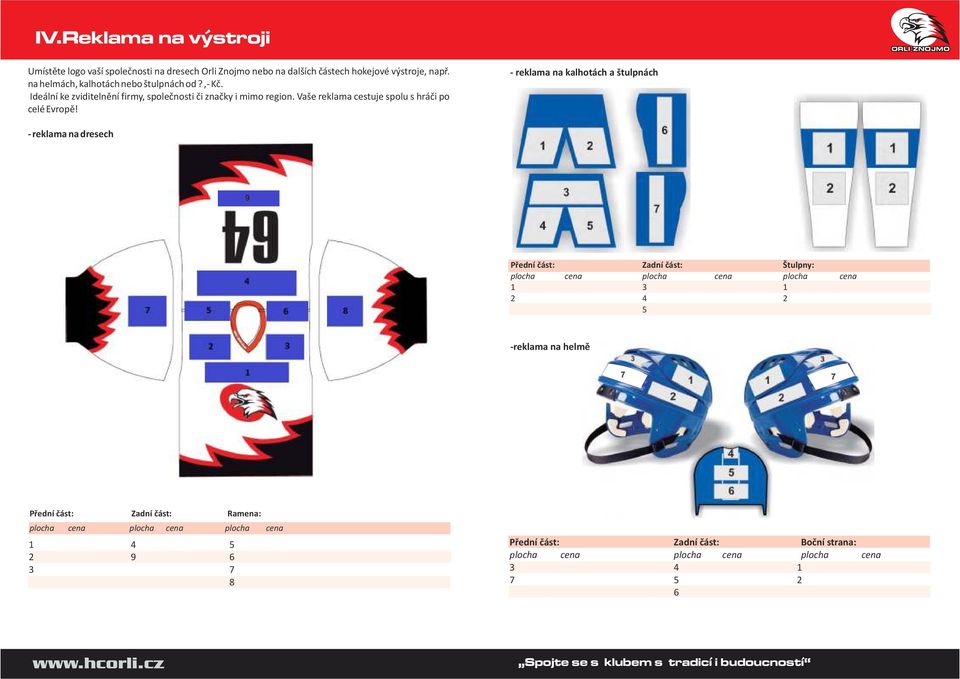 - reklama na kalhotách a štulpnách - reklama na dresech 9 Přední část: Zadní část: Štulpny: plocha cena plocha cena plocha cena 1 3 1 2 4 2 5 -reklama na helmě 7 7