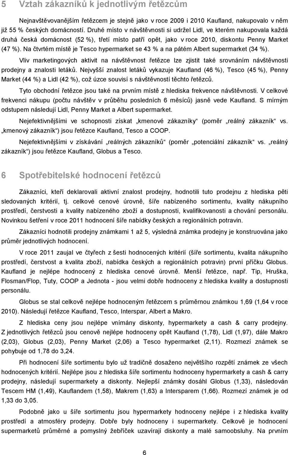 Na čtvrtém místě je Tesco hypermarket se 43 % a na pátém Albert supermarket (34 %).