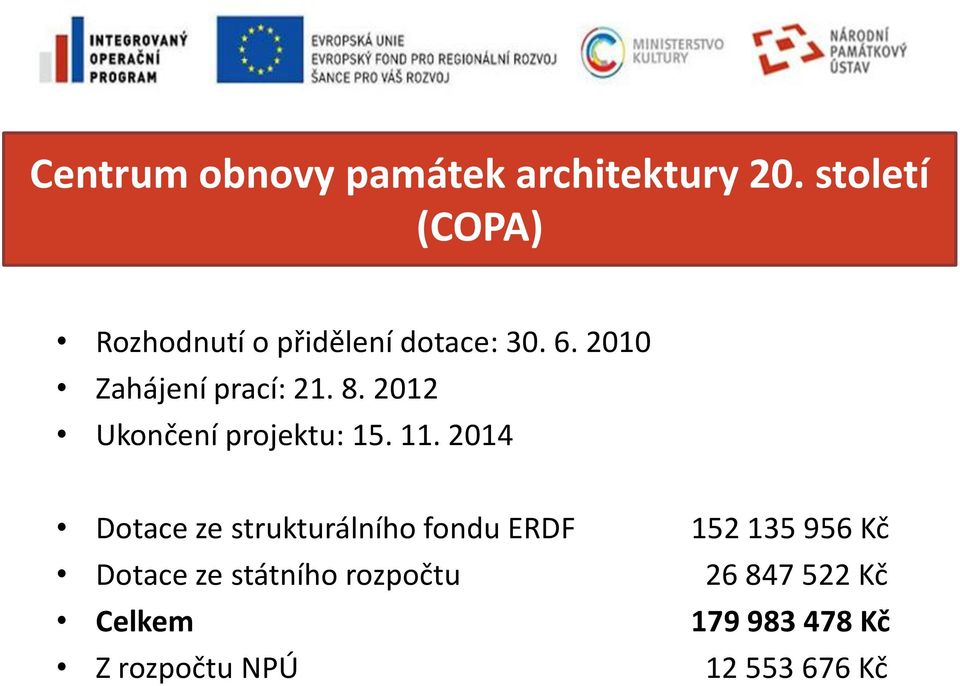 2010 Zahájení prací: 21. 8. 2012 Ukončení projektu: 15. 11.