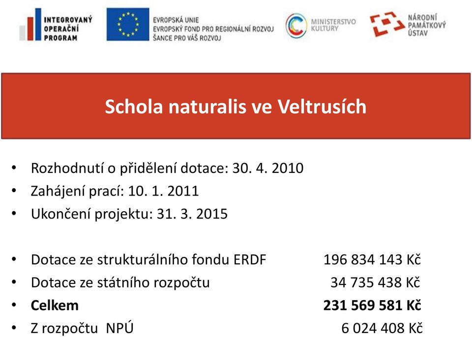 . 3. 2015 Dotace ze strukturálního fondu ERDF 196 834 143 Kč Dotace