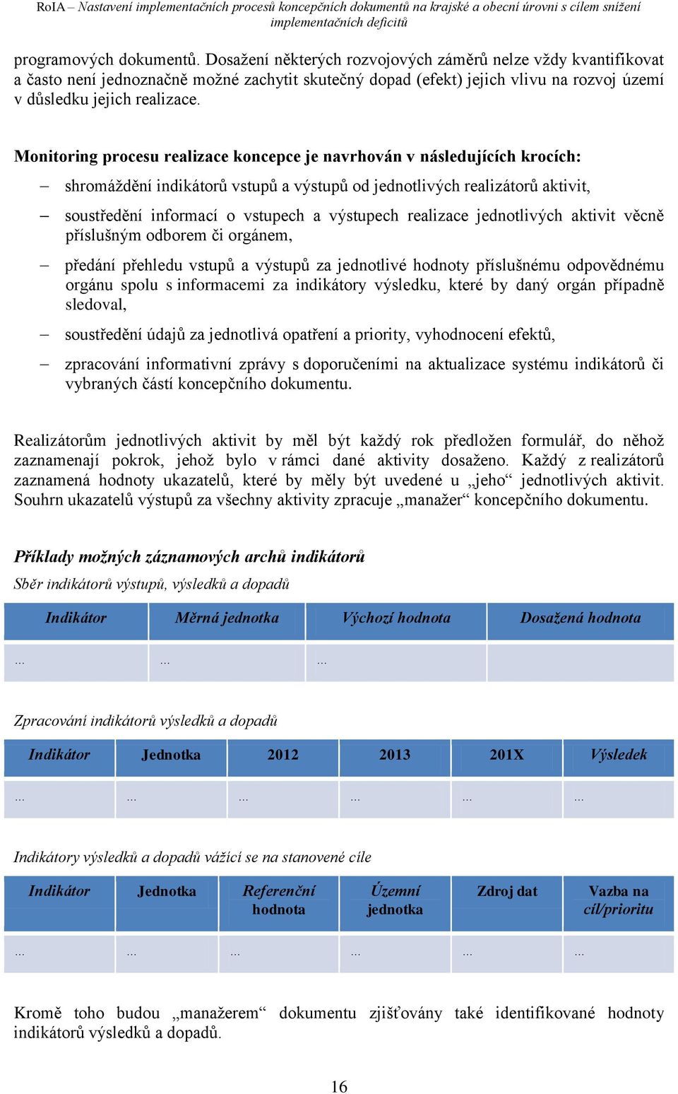 Monitoring procesu realizace koncepce je navrhován v následujících krocích: shromáždění indikátorů vstupů a výstupů od jednotlivých realizátorů aktivit, soustředění informací o vstupech a výstupech