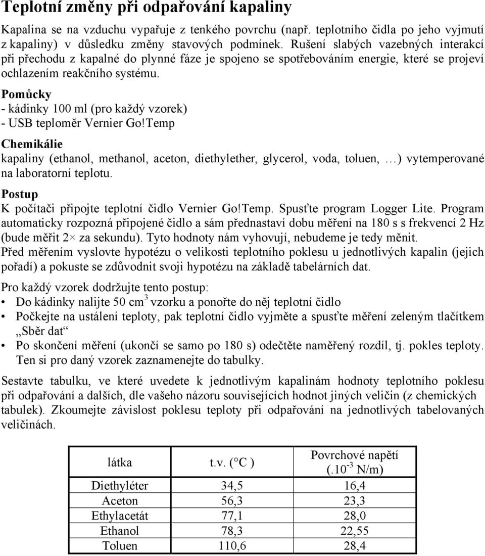 - kádinky 00 ml (pro každý vzorek) kapaliny (ethanol, methanol, aceton, diethylether, glycerol, voda, toluen, ) vytemperované na laboratorní teplotu. K počítači připojte teplotní čidlo Vernier Go!