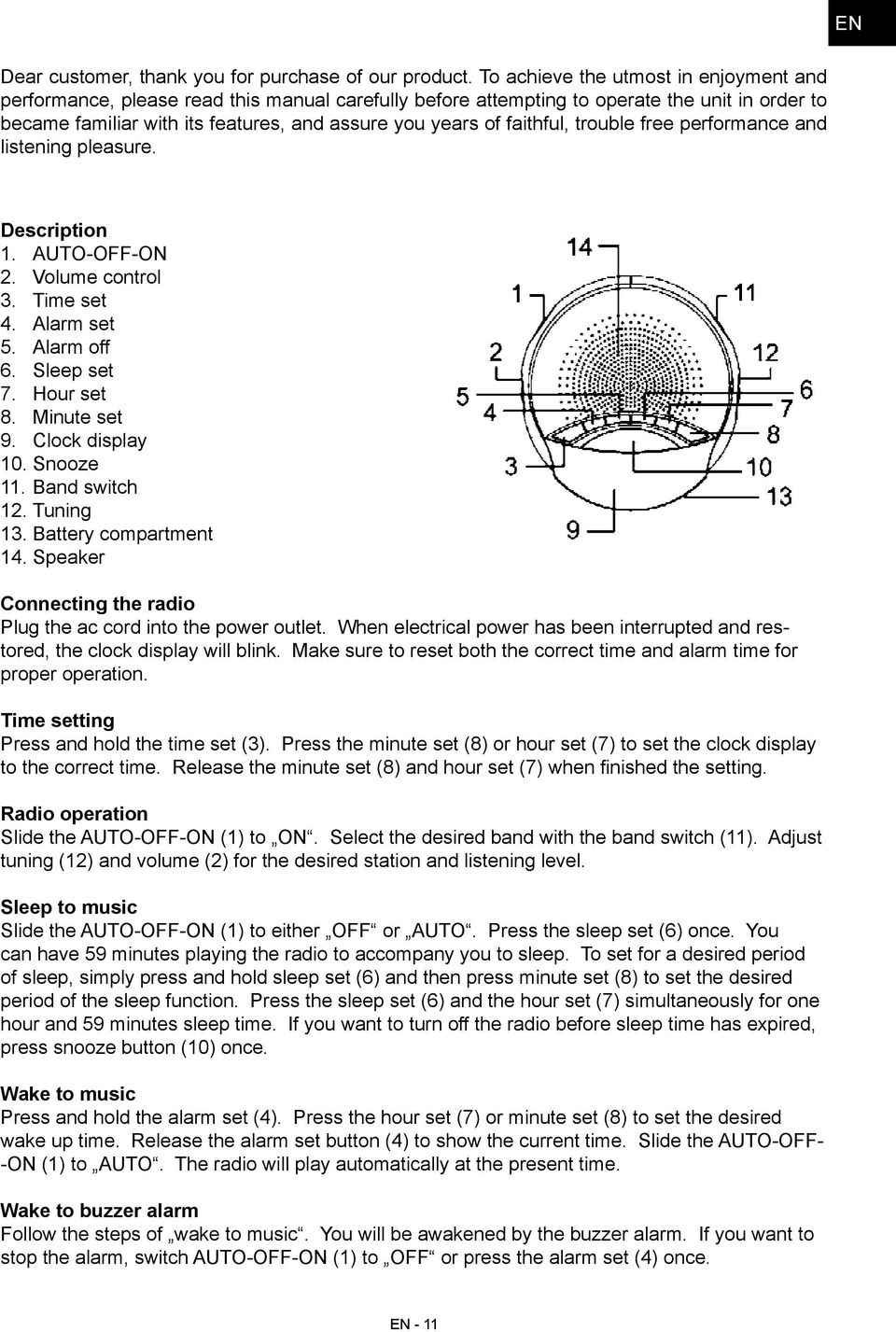 faithful, trouble free performance and listening pleasure. Description 1. AUTO-OFF-ON 2. Volume control 3. Time set 4. Alarm set 5. Alarm off 6. Sleep set 7. Hour set 8. Minute set 9.