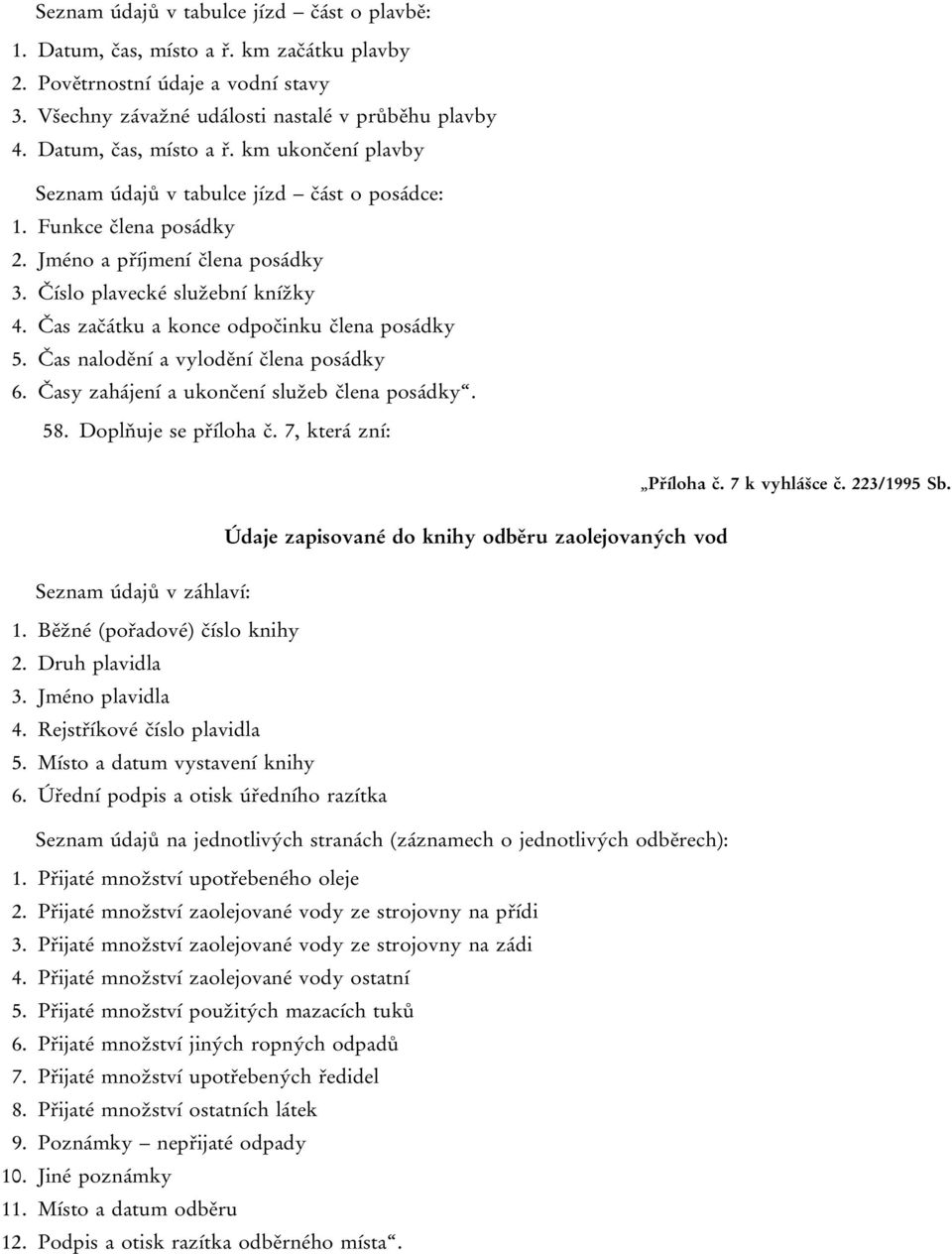 Čas začátku a konce odpočinku člena posádky 5. Čas nalodění a vylodění člena posádky 6. Časy zahájení a ukončení služeb člena posádky. 58. Doplňuje se příloha č. 7, která zní: Příloha č.