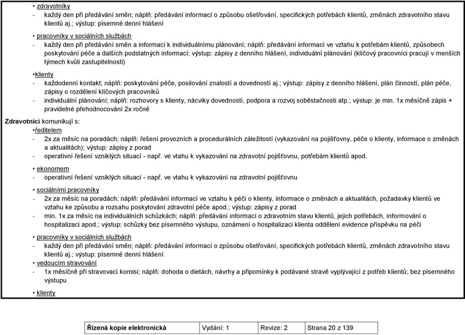 způsobech poskytování péče a dalších podstatných informací; výstup: zápisy z denního hlášení, individuální plánování (klíčový pracovníci pracují v menších týmech kvůli zastupitelnosti) klienty -