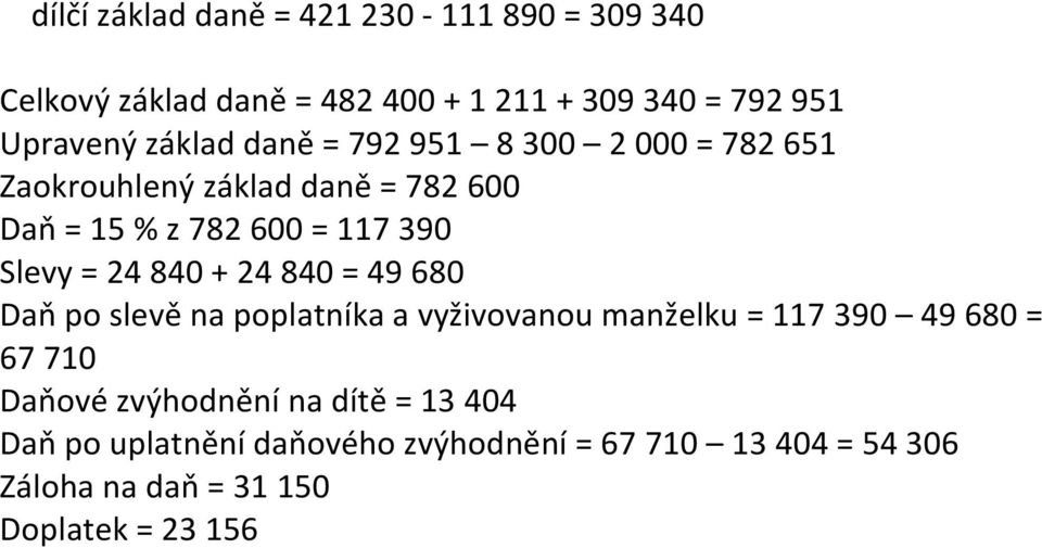 24 840 + 24 840 = 49 680 Daň po slevě na poplatníka a vyživovanou manželku = 117 390 49 680 = 67 710 Daňové