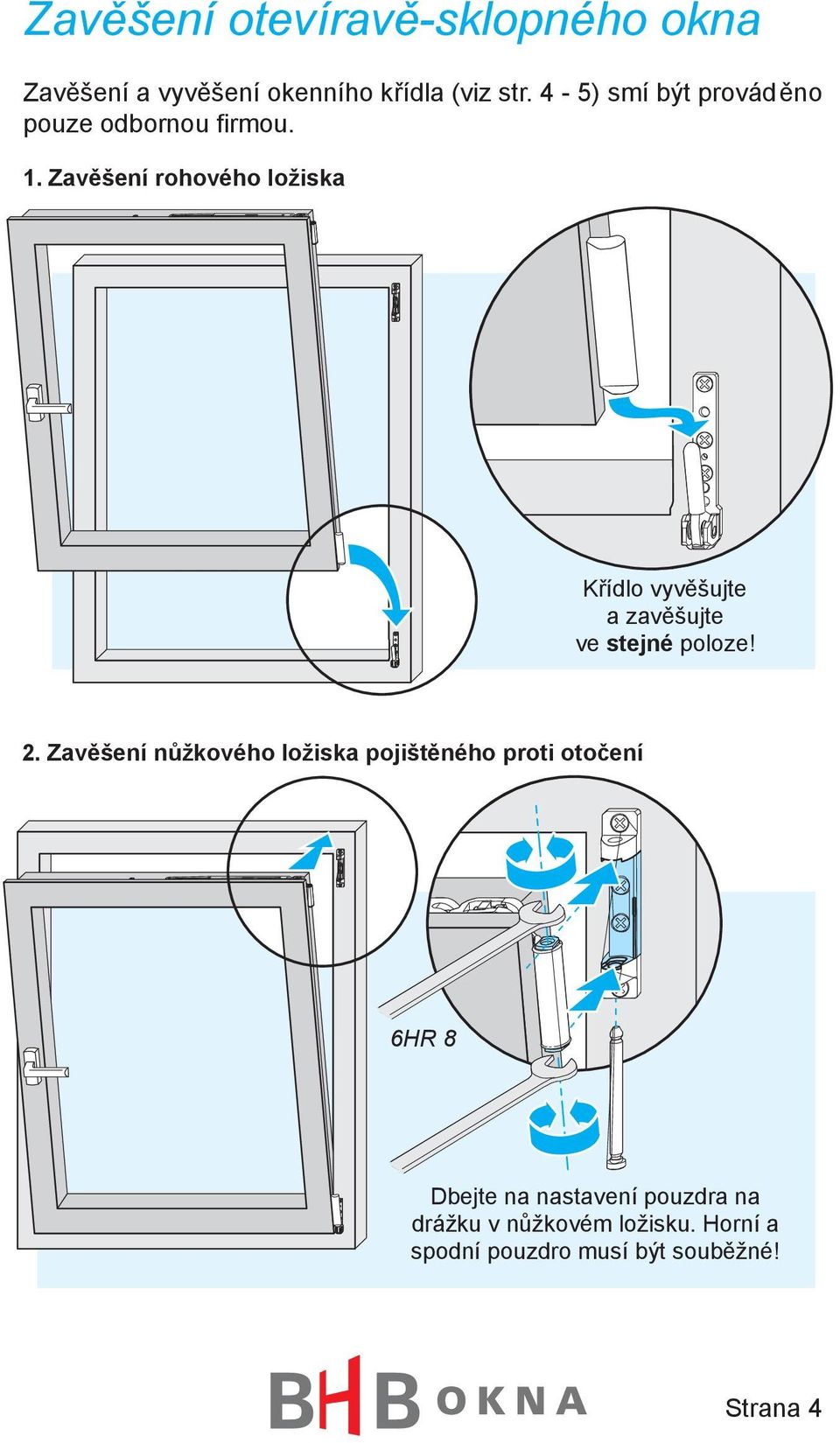 Zavěšení rohového ložiska Křídlo vyvěšujte a zavěšujte ve stejné poloze! 2.