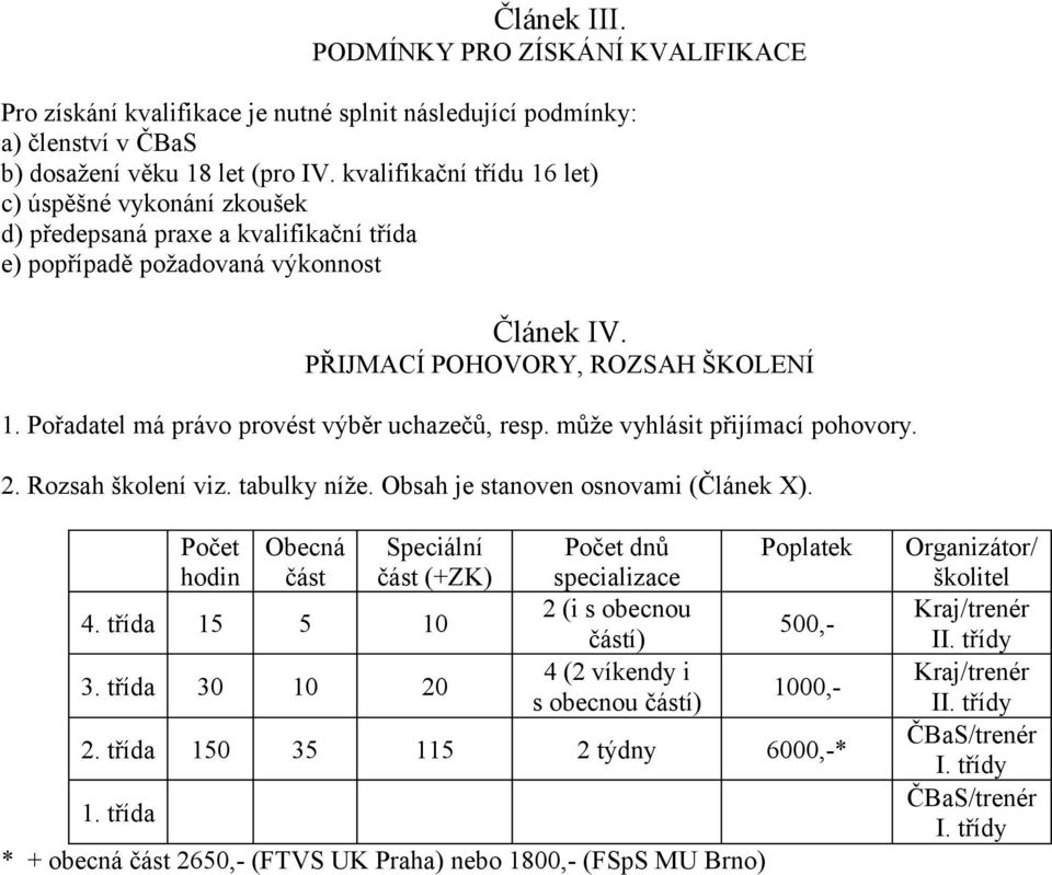 Pořadatel má právo provést výběr uchazečů, resp. může vyhlásit přijímací pohovory. 2. Rozsah školení viz. tabulky níže. Obsah je stanoven osnovami (Článek X).