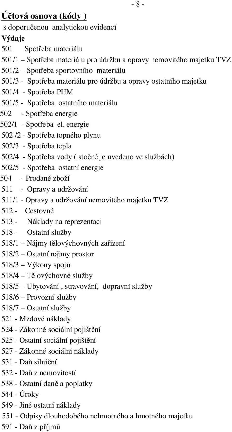 energie 502 /2 - Spotřeba topného plynu 502/3 - Spotřeba tepla 502/4 - Spotřeba vody ( stočné je uvedeno ve službách) 502/5 - Spotřeba ostatní energie 504 - Prodané zboží 511 - Opravy a udržování