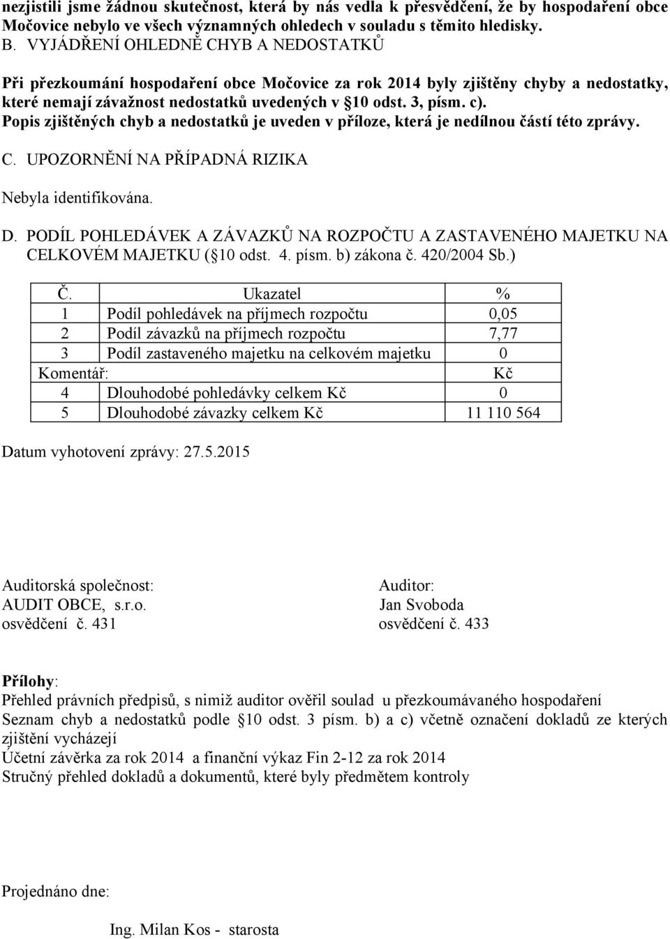 Popis zjištěných chyb a nedostatků je uveden v příloze, která je nedílnou částí této zprávy. C. UPOZORNĚNÍ NA PŘÍPADNÁ RIZIKA Nebyla identifikována. D.
