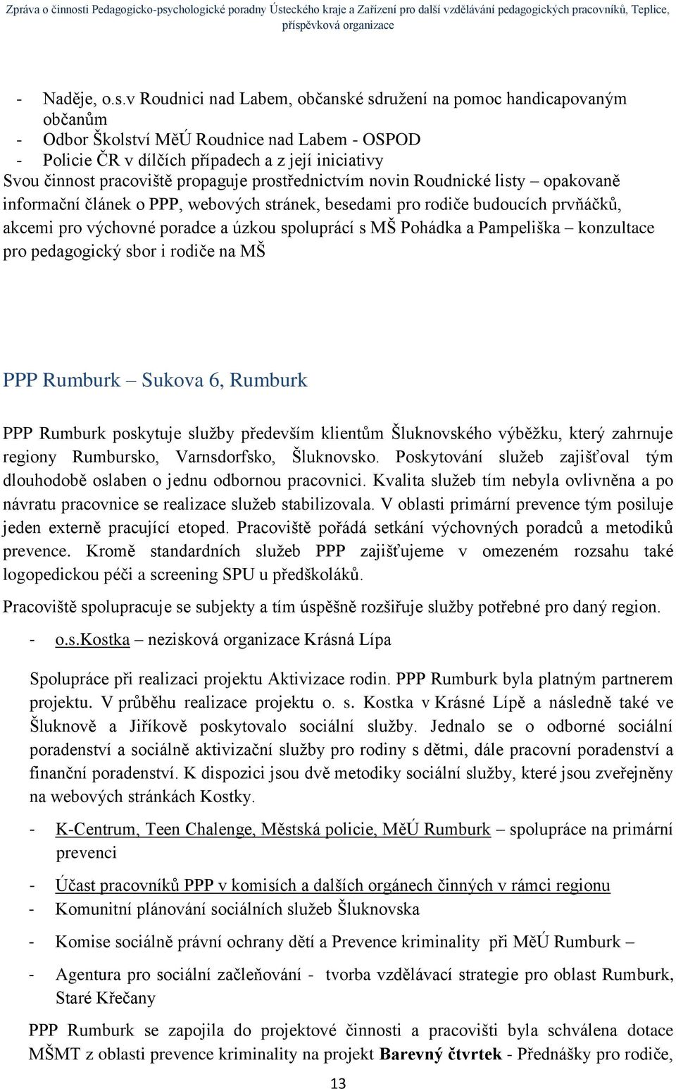 propaguje prostřednictvím novin Roudnické listy opakovaně informační článek o PPP, webových stránek, besedami pro rodiče budoucích prvňáčků, akcemi pro výchovné poradce a úzkou spoluprácí s MŠ