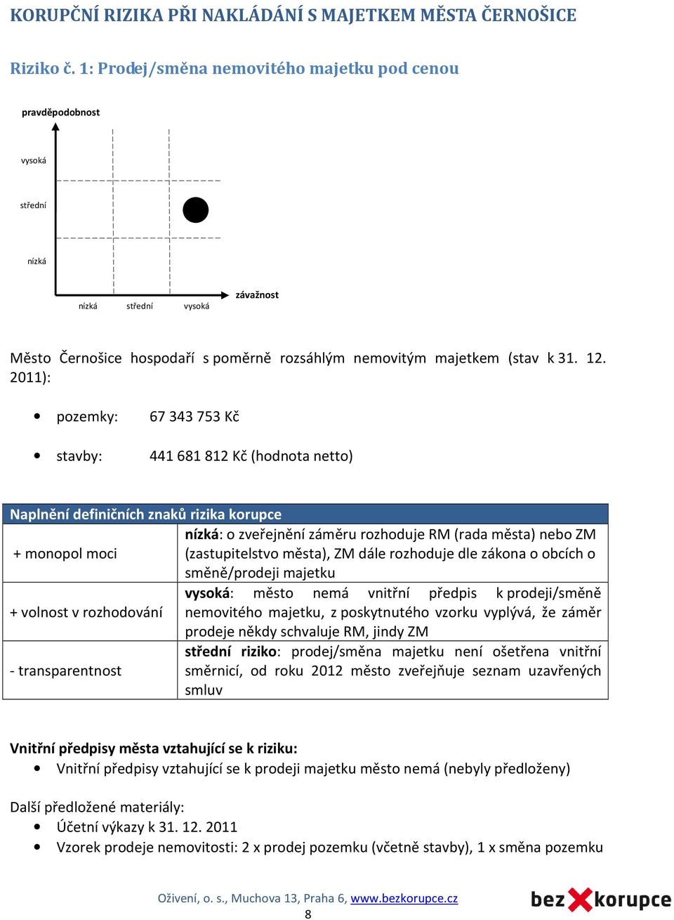 2011): pozemky: stavby: 67 343 753 Kč 441 681 812 Kč (hodnota netto) Naplnění definičních znaků rizika korupce : o zveřejnění záměru rozhoduje RM (rada města) nebo ZM + monopol moci (zastupitelstvo