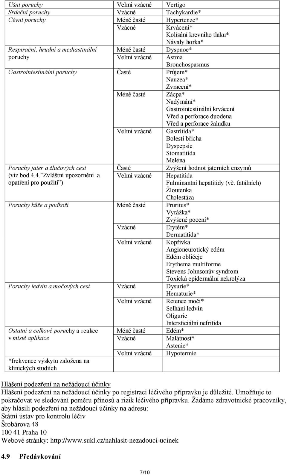 4. Zvláštní upozornění a opatření pro použití ) Méně časté Časté Zácpa* Nadýmání* Gastrointestinální krvácení Vřed a perforace duodena Vřed a perforace žaludku Gastritida* Bolesti břicha Dyspepsie