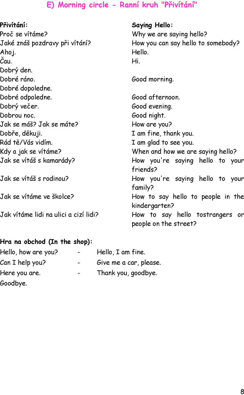 Saying Hello: Why we are saying hello? How you can say hello to somebody? Hello. Hi. Good morning. Good afternoon. Good evening. Good night. How are you? I am fine, thank you. I am glad to see you.